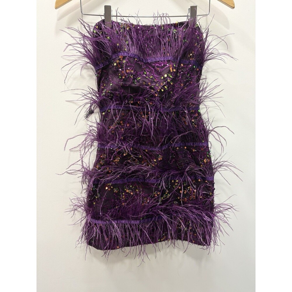 Nova Luxe Purple Feather Sequin Strapless Mini Dress Y2K Party Cocktail
